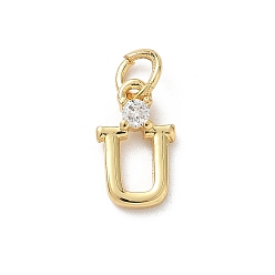 Letter U Латунные подвески из прозрачного кубического циркония, письмо амулеты, с целью перехода в кольце, стойки покрытие, долговечный, без свинца и без кадмия, реальный 18 k позолоченный, Буква U, 12~12.5x3~10x2.3 мм, отверстие : 3.3 мм