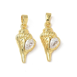 Настоящее золото 18K Латунные микро проложить кубического циркония подвески, форма раковины, реальный 18 k позолоченный, 20.5x9.5x5 мм, отверстие : 3x5 мм