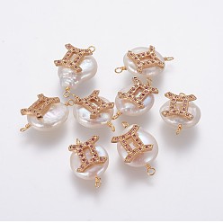 Gemini Natural Pearl Links connectors, with Brass Micro Pave Cubic Zirconia Findings, Flat Round with Constellation, Golden, Fuchsia, Gemini, 20~26x9~17x5~11mm, Hole: 1.6mm
