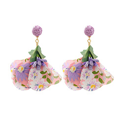 Средняя Орхидея Серьги-гвоздики с цветком из сплава ткани, золотые, с рафией, средне орхидеи, 87x25 мм