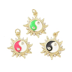 Mixed Color Brass Micro Pave Clear Cubic Zirconia Pendants, with Enamel, Sun with Tai Chi Symbol Charms, Rack Plating, Long-Lasting Plated, Cadmium Free & Lead Free, Real 18K Gold Plated, Mixed Color, 23.5x20.5x3.5mm, Hole: 2.5mm