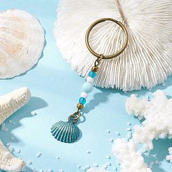 Shell Shape Брелки с подвеской в виде ракушки из сплава, со стеклянными бусинами, латунными соединительными кольцами, натуральными бусинами из говлита, никелированными разъемными кольцами с железным покрытием и железной булавкой с ушком, античная бронза, формы раковины, 80 мм