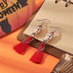 Red Synthetic Turquoise Skull Dangle Earrings, 316 Surgical Stainless Steel Tassel Earrings for Halloween, Red, 77~79mm, Pin: 0.7mm