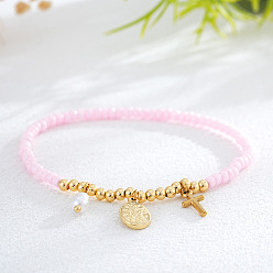 Pink Регулируемые 304 из нержавеющей стали браслеты шарма, Браслеты из стеклянного бисера и латуни на эластичной основе для женщин, Крест и плоский круглый, с имитацией жемчуга, розовые, 6.89 дюйм (17.5 см)