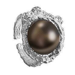 Platinum Rhodium Plated 925 Sterling Silver Cuff Rings, Open Rings, with Natural Labradorite, Nuggets, Platinum, US Size 5, Inner Diameter: 16mm
