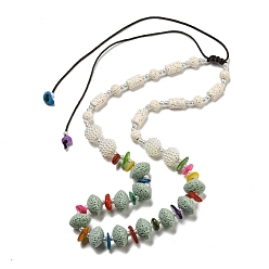 Dark Sea Green Dyed Lava Rock with Shells,  Plastic Pearl Beads Necklaces, Dark Sea Green, 1.65~2.80 inch(4.2~7.1cm)
