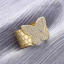 Бабочка Латунные кольца-манжеты с микропаве и прозрачным цирконием для женщин, долговечный, без свинца и без кадмия, реальный 18 k позолоченный, бабочка, 14.5x17 мм