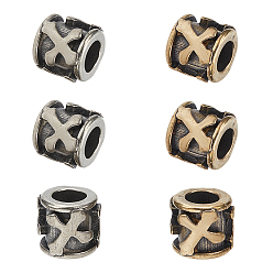 Antique Silver & Antique Golden Brass European Beads, Column with Cross, Large Hole Beads, Antique Silver & Antique Golden, 9x8mm, Hole: 5mm, 3pcs/color, 2 colors, 6pcs