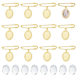 Golden 12Pcs Iron Brooches, with Alloy Oval Pendants and Glass Cabochons, Golden, 54mm