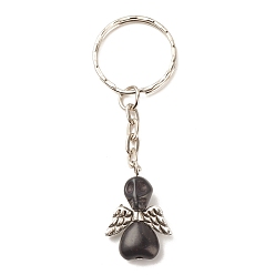 Black Dyed Synthetic Turquoise Keychains, with CCB Plastic Beads and Iron Split Key Rings, Angel, Black, 8cm