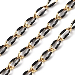 Black 304 Stainless Steel Handmade Beaded Chain, with Enamel, with Spool, Soldered, Real 18K Gold Plated, Oval, Black, 9x4x1mm, about 16.40 Feet(5m)/Roll