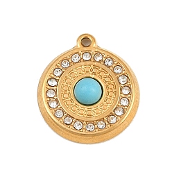 Golden 304 Stainless Steel Rhinestone Pendants, Flat Round, with Cat Eye, Golden, 17x15x4mm, Hole: 1.1mm