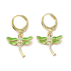 Зеленый Серьги-подвески из латуни со стрекозой из настоящей 18k позолоченной латуни, с эмалью и фианитами, зелёные, 30x17.5 мм