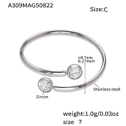 Плоский Круглый 304 Открытые кольца-манжеты из нержавеющей стали с инкрустацией прозрачными кубическими циркониями, цвет нержавеющей стали, плоско-круглые, размер США 7 (17.3 мм)