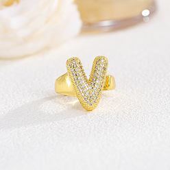 Letter V Латунные кольца из манжеты с прозрачным цирконием, буквы, реальный 18 k позолоченный, Буква V, внутренний диаметр: регулируемый