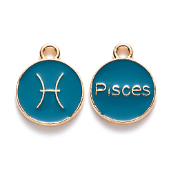 Pisces Alloy Enamel Pendants, Cadmium Free & Lead Free, Flat Round with Constellation, Light Gold, Dark Cyan, Pisces, 22x18x2mm, Hole: 1.5mm