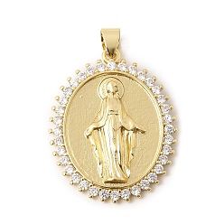 Oval Религия латунь микро проложить цирконий подвески, реальный 18 k позолоченный, долговечный, стойки покрытие, без свинца и без кадмия, прелести девы марии, овальные, 33x26x3.5 мм, отверстие : 4x6 мм