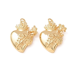 Real 18K Gold Plated Brass Pendants, Sacred Heart with Flower Charms, Rack Plating, Long-Lasting Plated, Lead Free & Cadmium Free, Real 18K Gold Plated, 24x20x7mm, Hole: 3mm
