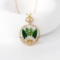 Белый Кулоны-подвески из сплава и смолы в виде засушенных цветов, плоско-круглые, золотые, белые, 17.72 дюйм (45 см)