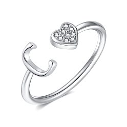 Letter C Регулируемые латунные манжеты со стразами для женщин, Сердце и письмо, платина, буква С, внутренний диаметр: 15~20 мм