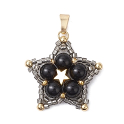Black Onyx Подвески в форме звезды из натурального черного оникса (окрашенного и нагретого), со стеклянными бисеринами, золотые, 28x27x6.5 мм, отверстие : 6x2 мм