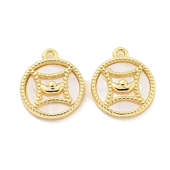 Golden Brass Pave Shell Coin Charms, Flat Round with Ingo Charms, Golden, 14x12x2mm, Hole: 1.5mm