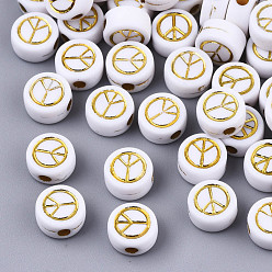 White Opaque Acrylic Beads, Flat Round with Peace Sign, Golden Plated, White, 7x4mm, Hole: 1.6mm, about 3700pcs/500g