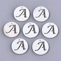 Letter A Natural Freshwater Shell Charms, Flat Round with Hollow Out Letter, Letter.A, 14.5x1.5mm, Hole: 0.9mm