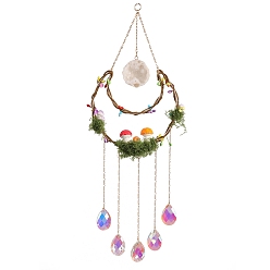 Golden Moon & Star Natural Gemstome Hanging Suncatchers, with Glass Beads & Iron Ring and Resin for Outdoor & Garden Decor, Golden, 440x150x20.5mm