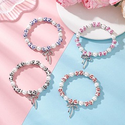 (52) Непрозрачная лаванда Браслеты с подвесками в виде банта из латуни, эластичные браслеты из фарфора и стеклянных бусин с напечатанным рисунком для женщин, платина, разноцветные, внутренний диаметр: 2-3/8 дюйм (6 см)