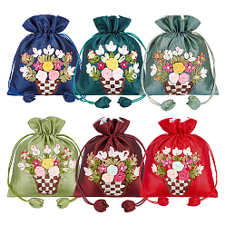 Mixed Color 6Pcs 6 Colors 3D Floral Embroidery Polyester Drawstring Bags, Sachet Pouches, Rectangle, Mixed Color, 17x14x0.25cm, 1pc/color