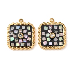 Черный 304 нержавеющей стальной эмали подвески, квадратных амулеты, с раковиной и горный хрусталь, золотые, чёрные, 18x15.5x3 мм, отверстие : 1.4 мм