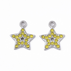 Light Colorado Topaz 304 Stainless Steel Pendants, with Rhinestone, Star, Citrine, 15.5x13x2mm, Hole: 2mm