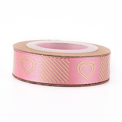 Pink Rubans de polyester, marquage à chaud doré simple face, pour l'emballage de cadeaux, décoration de fête, motif de coeur, rose, 5/8 pouces (17 mm), 10yards / roll (9.14m / roll)