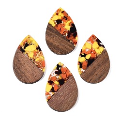 Желтый Большие подвески из прозрачной смолы и орехового дерева, с блеском порошок, слеза, желтые, 51.5x33~33.5x3.5 мм, отверстие : 2 мм