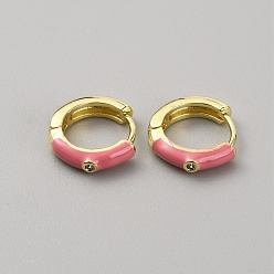 Hot Pink Enamel Hoop Earrings with Clear Cubic Zirconia, Light Gold Brass Jewelry for Women, Hot Pink, 12.5x13.5x3mm, Pin: 1mm