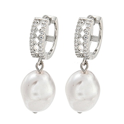 Платина Серьга-кольцо из латуни с микропаве, покрытие стойки, прозрачный кубический цирконий, без кадмия и без свинца, долговечный, с ABS имитации жемчуга, овальные, платина, 33x11 мм