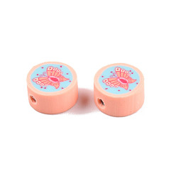 Light Salmon Handmade Polymer Clay Beads, Flat Round with Butterfly, Light Salmon, 9~9.5x4.5~5mm, Hole: 1.5~1.8mm