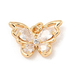 Настоящее золото 18K Латунные микропаве прозрачные подвески с фианитом, без кадмия, без никеля и без свинца, с прыжковых колец, бабочка, реальный 18 k позолоченный, 12x17.5x4 мм, отверстие : 2 мм