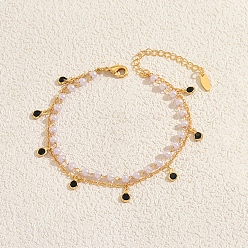 Черный Модные круглые браслеты на ногу с имитацией жемчуга, латунными бусинами и кубическими циркониями, плоские круглые двухслойные браслеты с кисточками, реальный 18 k позолоченный, чёрные, 7-7/8 дюйм (200 мм)