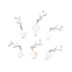 Платина 6 шт 6 стили натуральные пресноводные подвески из ракушек, с латунной микропаве кубической циркониевой веточкой, разнообразные, цвет морской раковины, платина, 15~22x9~13x2.5~3 мм, отверстие : 3 мм, 1 шт / стиль