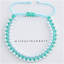 Голубой Браслеты из круглых бусин с имитацией жемчуга, регулируемые плетеные браслеты из нейлоновой нити для женщин, с открытки, голубой, 11.02 дюйм (28 см)