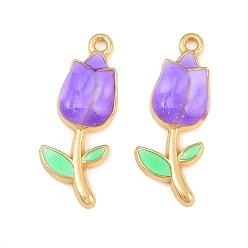 Medium Purple 304 Stainless Steel Enamel Pendants, Flower Charms, Ion Plating(IP), Real 18K Gold Plated, Medium Purple, 23x9x3.5mm, Hole: 1.4mm