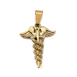 Настоящее золото 18K 304 подвески из нержавеющей стали, кадуцей символ для медицинских чар, ионное покрытие (ip), реальный 18 k позолоченный, 24x18x3.5 мм, отверстие : 7x3.5 мм