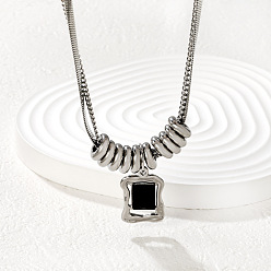 Stainless Steel Color Natural Black Agate(Dyed & Heated) 304 Stainless Steel Rectangle Pendant Necklaces for Women, Stainless Steel Color, 15.75 inch(40cm)