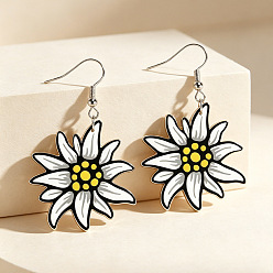 White Iron & Acrylic Dangle Earrings for Women, Flower, Silver, White, 50mm