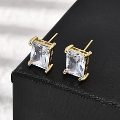 Настоящее золото 18K Прямоугольные серьги-гвоздики из латуни с прозрачным кубическим цирконием, без кадмия и без свинца, долговечный, стойки покрытие, реальный 18 k позолоченный, 12x10 мм