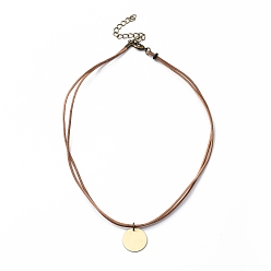 Coconut Brown Personalized Dual-use Items, Cowhide Leather Two Loops Wrap Bracelets or Necklaces, with Antique Bronze Plated Brass Stamping Blank Tag Pendants and Lobster Claw Clasps, Flat Round, Coconut Brown, 16.34 inch(41.5cm)