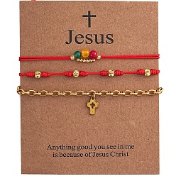 Красный 3 шт. регулируемые браслеты из полиэстера со стеклянными бусинами, браслеты из металлической цепочки с подвеской в виде креста, с бумажной карточкой, красные, внутренний диаметр: 11.02 дюйм (28 см)