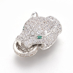 Platinum Brass Micro Pave Cubic Zirconia Fold Over Clasps, Leopard Head, Clear, Platinum, 19x10x8mm, Hole: 0.7~1.2mm
